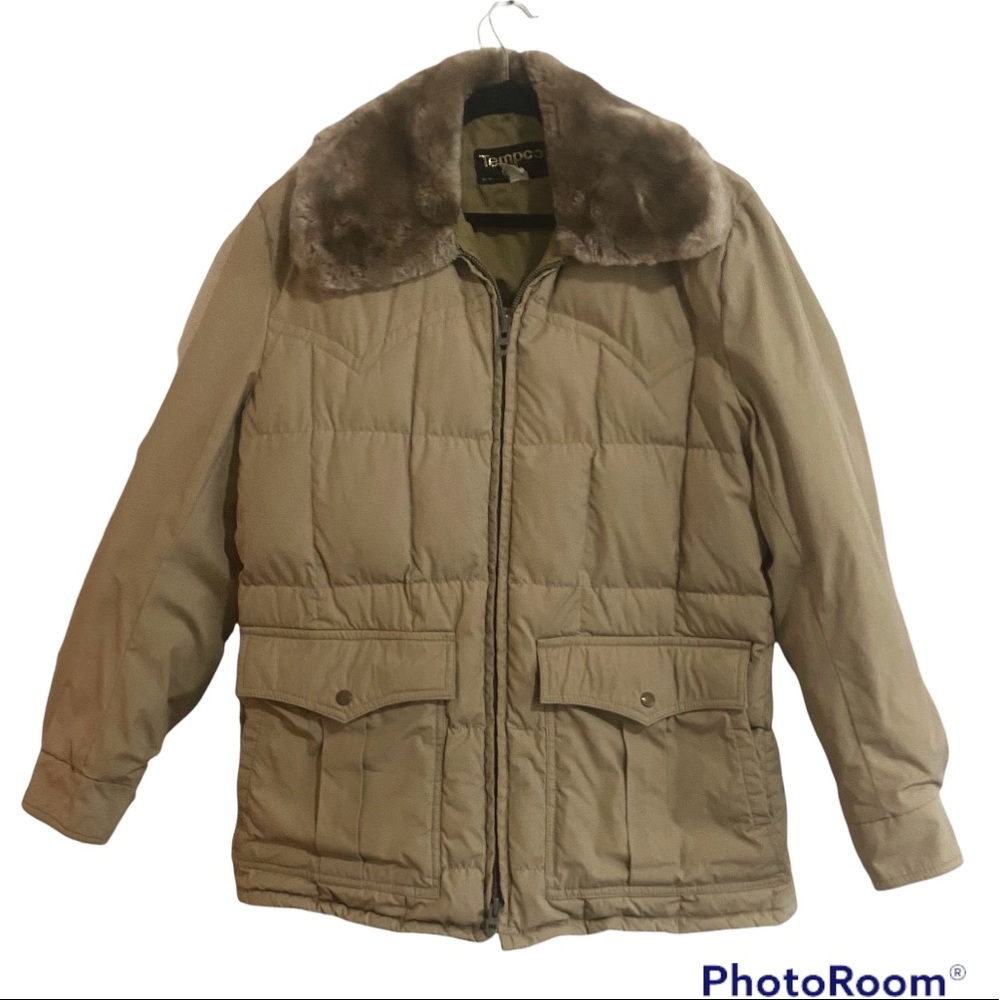 TEMPCO - Vintage Men's Brown  Fur Collar Ranch Wear Down Filled Coat - Sz 44 M/L
